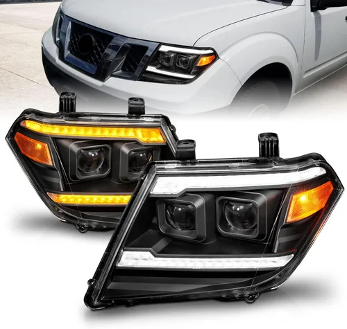 AmeriLite para camioneta pickup Nissan Frontier 2009-2020 Juego de faros delanteros de proyector negro con tubo LED DRL y señal secuencial