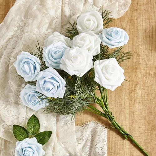 Miniatura 9 de Flores artificiales, 25 piezas, rosa artificial azul bebé para ramos de boda, centros de mesa, arreglos, flor falsa con tallos para decoración