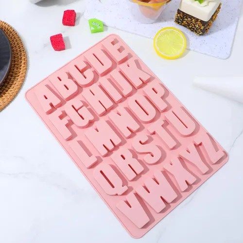 Miniatura 4 de Moldes de letras de silicona rosa, molde del alfabeto de 26 cavidades para chocolate, moldes de chocolate A-Z letras para pasteles, cubitos