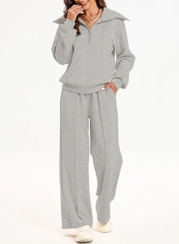 Miniatura 2 de Aleumdr Conjunto de dos piezas de sudadera con media cremallera para mujer, conjunto a juego con pantalón de pierna ancha