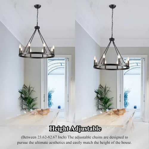 Miniatura 8 de Candelabro Negro de Rueda de Vagón Diámetro 26 pulgadas 8 Luces Candelabros Negros Estilo Granja para Comedor Lámpara Colgante Redonda Rústica