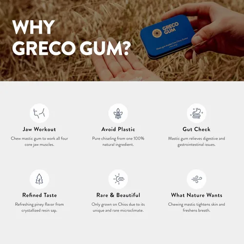 Miniatura 7 de Greco Gum - Gotas de goma de mástique – Piezas pequeñas de chicle duro para entrenamiento de la mandíbula, apoyo digestivo, alivio de la hinchazón