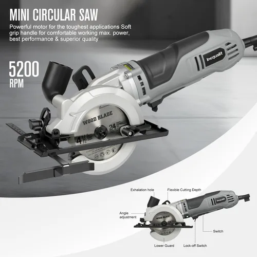 Miniatura 3 de Sierra circular mini, sierra compacta con cable de 4 amperios 3500RPM con hojas TCT de 24T de 4-1/2 pulgadas, guía láser, guía de rotura, adaptador