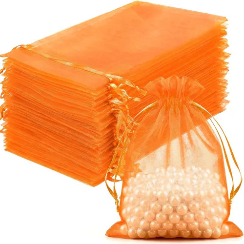 FUNFERY 100 bolsas de organza naranja de 4 x 6 pulgadas, pequeñas bolsas de regalo con cordón de malla para bolsitas, joyas, dulces, recuerdo de