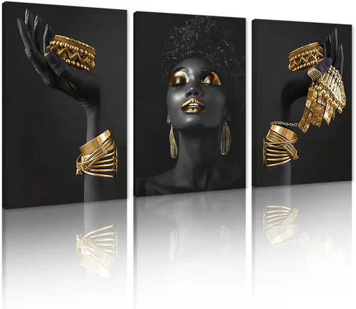 Miniatura 12 de MAMAGO Lienzo decorativo para pared, pintura de belleza dorada y negra, fotos de mujeres africanas, hermosos pósteres de mujer negra, impresiones