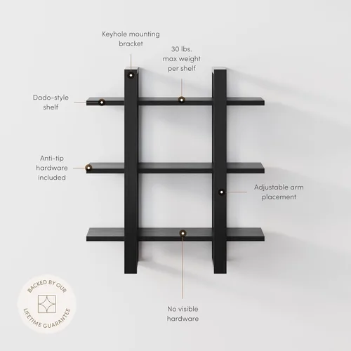 Miniatura 4 de Nathan James Benji - Estantería de pared de mediados de siglo, estante decorativo flotante de madera de 3 niveles, roble negro