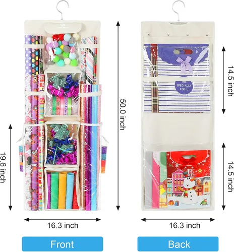 Miniatura 2 de Freegrace Organizador de papel de regalo colgante de doble cara – Bolsa grande de almacenamiento de papel de regalo de 16 x 41 pulgadas – Bolsa