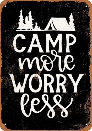 Letrero de metal vintage – Camp More Worry Less (negro) decoración del hogar 12 x 8 pulgadas