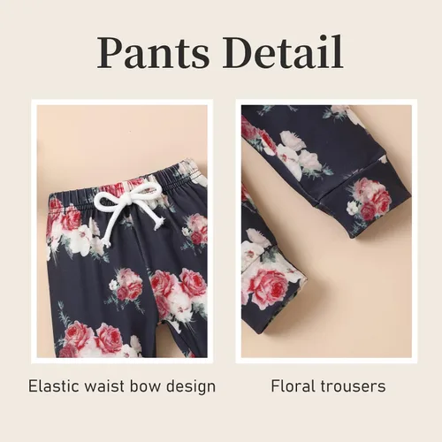 Miniatura 5 de Ropa de bebé niña de manga larga con capucha sudadera con pantalones florales con diadema conjuntos de ropa