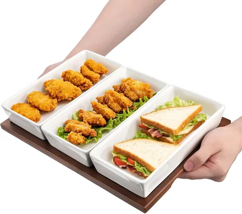 Miniatura 4 de Elsjoy Bandeja de servir de 3 secciones, plato de madera dividido con cuencos de cerámica, bandeja de inmersión de 3 compartimentos para aperitivos