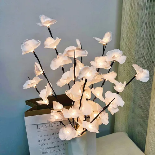 Miniatura 12 de Phalaenopsis - Paquete de 2 lámparas LED de rama de orquídea, ramo de orquídeas artificiales de mariposa, funciona con pilas, para decoración