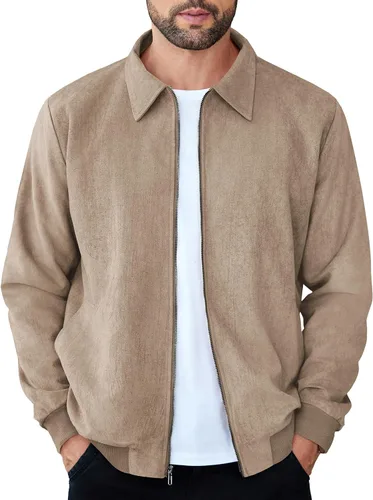 COOFANDY Chaqueta bomber casual de ante para hombre, ligera, con cremallera completa, chaqueta de piel sintética vintage