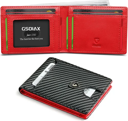 GSOIAX Billetera delgada para hombre con bloqueo RFID, carteras plegables para hombre, minimalista, cuero auténtico, fibra de carbono, clip para