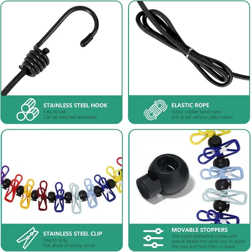 Miniatura 2 de Tendedero portátil retráctil para viajes, 2 paquetes de tendedero portátil con 8 pinzas para la ropa, 2 paquetes de toallas comprimidas desechables