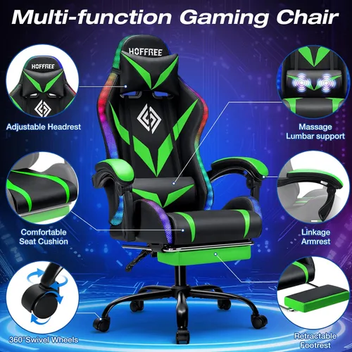 Miniatura 9 de Silla de juegos RGB con luces LED y masaje, silla ergonómica de computadora con reposapiés, silla de videojuegos de respaldo alto con soporte lumbar