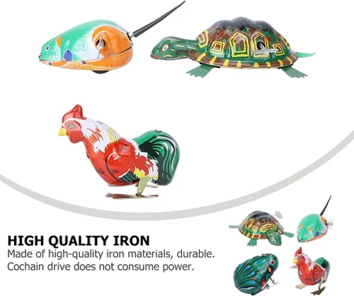 Miniatura 9 de Toyvian 4 piezas Vintage Tin Toys Clockwork Juguetes Metal Mecanismo Primavera Enrollar Metal Saltar Animal Gallo Tortuga Interesante