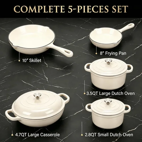Miniatura 3 de Juego de utensilios de cocina de hierro fundido esmaltado antiadherente - 8 piezas de ollas y sartenes con tapa, sartén, sartén para horno, juego