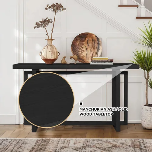 Miniatura 3 de Mesa de sofá de 59.05 pulgadas para sala de estar, mesa consola Morden, mesa rectangular estrecha de madera maciza con patas de madera de goma