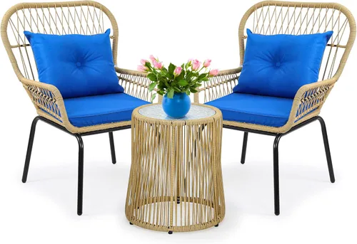 Miniatura 7 de YITAHOME Juego de 3 muebles de mimbre para patio al aire libre, sillas de conversación de ratán para todo tipo de clima, para patio trasero, balcón