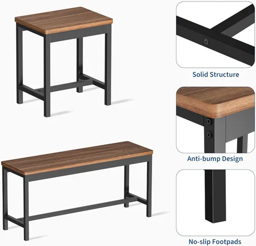 Miniatura 6 de GarveeHome juego de mesa de comedor de 5 piezas para 4-8 personas, mesa de cocina grande extensible de 63 pulgadas con 2 bancos y 2 taburetes Marrón