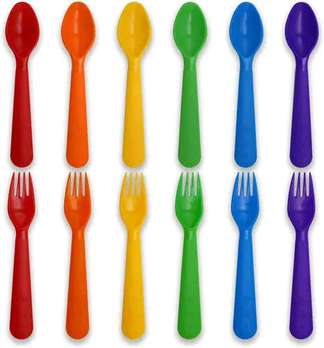 Miniatura 21 de cubiertos para niños cucharas y tenedores utensilios para niños pequeños plásticos reutilizables juego de cubiertos para bebés vajilla para la Dulce