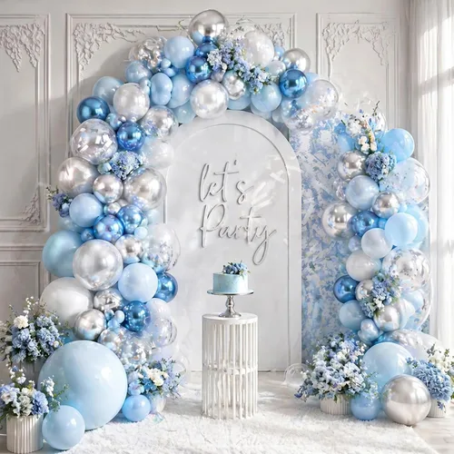 Miniatura 3 de Togvu Globos Azul Metálico Plateado, 60 Piezas de 12 Pulgadas Globos Cromados Azul Blanco con Globos Plateados Globos de Confeti con Purpurina