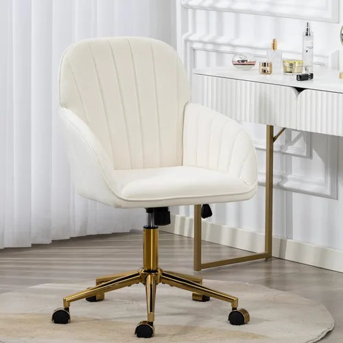 Silla de Oficina para Hogar, Silla Moderna de Maquillaje de Terciopelo con Base Dorada y Ruedas, Silla de Escritorio Giratoria con Altura Ajustable