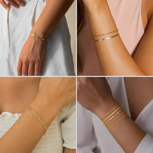 Miniatura 4 de MBW Pulseras de oro para mujer, juego de joyas chapadas en oro real de 14 quilates para mujer, a la moda, impermeables, apilables, delgadas