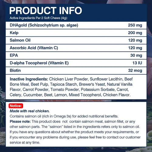 Miniatura 2 de Suplemento Omega 3 para la piel y el pelaje para perros, 200 masticables, suplementos de aceite de pescado para perros con ácidos grasos EPA y DHA