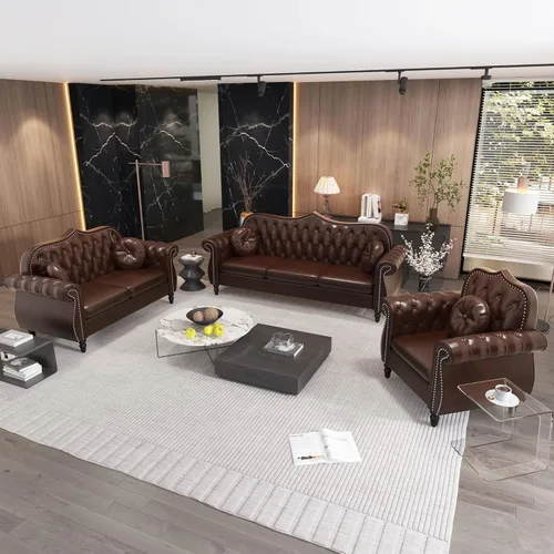 Miniatura 5 de AVZEAR Sofá de tres plazas de 82 pulgadas, sofá Chesterfield, moderno sofá tapizado de poliuretano de mediados de siglo, sofá de sala de estar