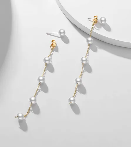 Miniatura 6 de LOKLIFFAI Aretes de plata de ley 925 con forma de bola de perlas y cadena larga para mujeres y niñas