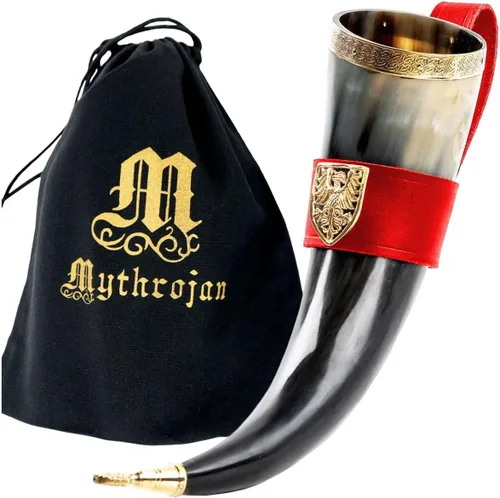 Miniatura 23 de Mythrojan Cuerno vikingo para beber 100% natural, auténtico, decoración de latón, cuerno nórdico con funda de cuero negro, bolsa de lona para vino