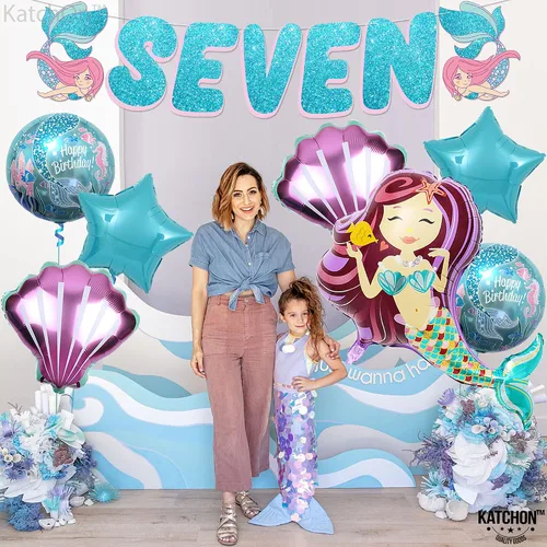 Miniatura 3 de KatchOn Decoraciones de 7º cumpleaños de sirena grande – Paquete de 8 Globos de sirena y decoraciones de fiesta para niñas 7