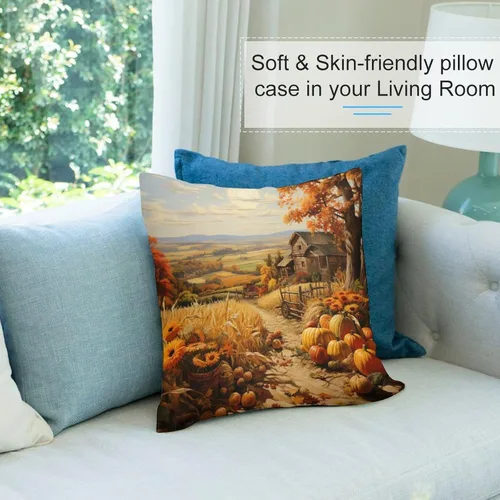Miniatura 8 de Fundas de almohada decorativas cuadradas de terciopelo con diseño de paisaje, campo, otoño, otoño, 12 x 12 pulgadas, para Acción de Gracias