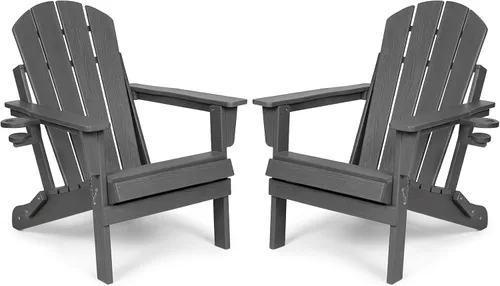 Miniatura 19 de Silla Adirondack plegable de HDPE, silla de patio al aire libre con soporte para tazas, silla de césped de grano de madera resistente a