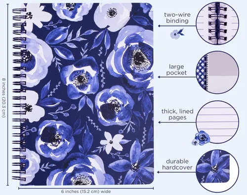 Miniatura 3 de Steel Mill & Co - Lindo cuaderno floral en espiral, diario de 8.25 x 6.25 pulgadas con tapa dura duradera y 160 páginas forradas, acuarela azul