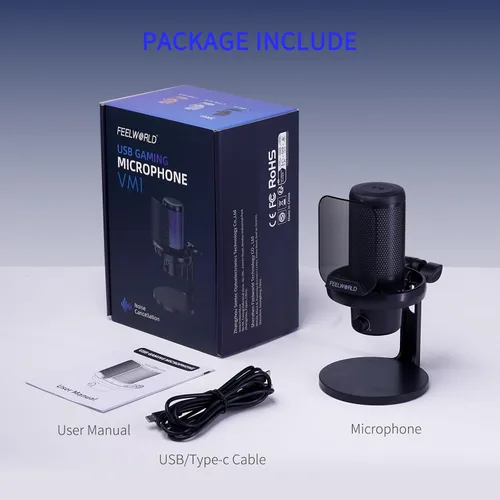 Miniatura 7 de FEELWORLD VM1 Micrófono USB para PC de juegos Micrófono condensador con cancelación de ruido, luz RGB silenciosa, accesorios para computadora