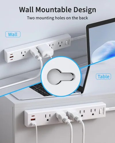 Miniatura 7 de HOPOW Regleta de alimentación con enchufe plano, cable de extensión plano ultra delgado de 6 pies, protector contra sobretensiones con 5 salidas y 3