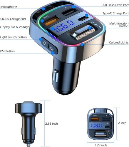 Miniatura 9 de LIHAN Adaptador de coche Bluetooth 5.4 para automóviles antiguos, transmisor FM de carga rápida PD de 54 W, llamadas manos libres, GPS transparente