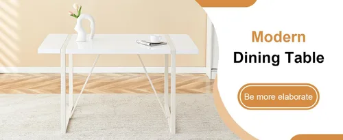 Miniatura 9 de Mesa de comedor rectangular industrial estilo crema para 4 6 personas con parte superior de 1.5 pulgadas de grosor y patas de metal blanco e