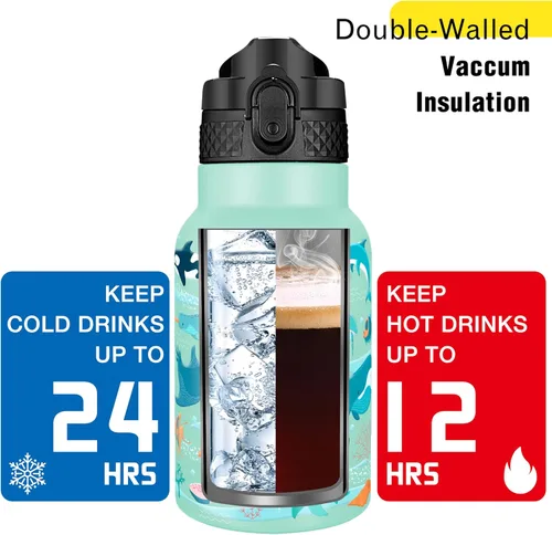 Miniatura 6 de Han's Bottle Botella de agua para niños con tapa con pajilla, vaso reutilizable de acero inoxidable aislado para niñas, niños, taza térmica, 12 Pez