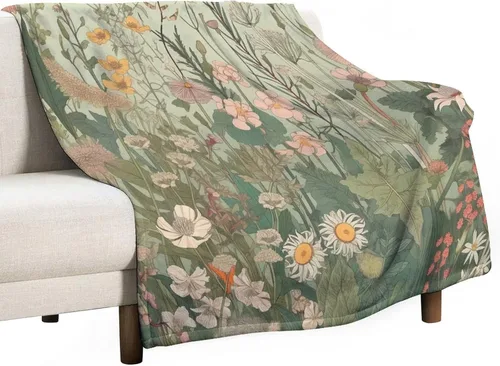 Miniatura 10 de Manta de vellón de hierbas y flores silvestres con plantas botánicas para primavera y verano, con margaritas y hojas florales, manta de franela