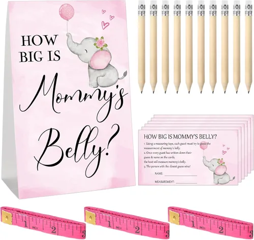 Miniatura 9 de Sabary 64 Piezas Juegos de Baby Shower Incluyen Letrero How Big is Mommy's Belly Sign Measure Bump Game 50 Tarjetas 10 Lápices 3 Cintas Métricas
