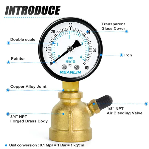 Miniatura 4 de MEANLIN MEASURE Medidores de presión de prueba de aire de latón forjado de 0-60Psi, conexión FNPT de 3/4", doble graduado de 2", ensamblaje