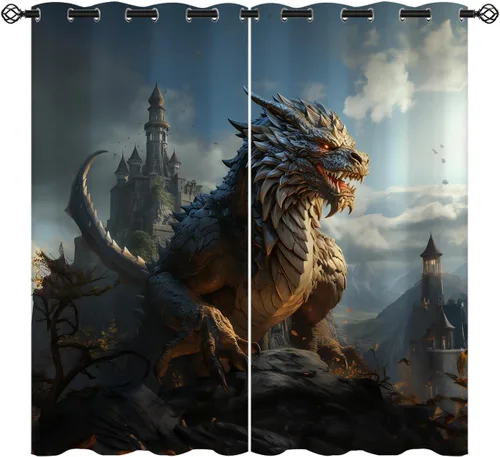 Miniatura 13 de Cortinas opacas con diseño de dragón para decoración del hogar, diseño de animales de fantasía, medievales, con ojales, aislamiento térmico