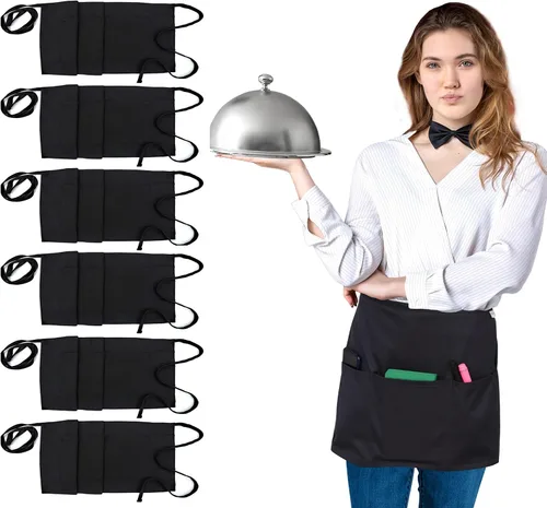 RUVANTI Paquete de 6 delantales de servidor con bolsillos, delantal negro para hombres, delantales de chef de polialgodón para mujeres con correa de