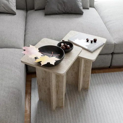 Miniatura 5 de Travertine Efect - Juego de 2 mesas auxiliares modernas, mesa auxiliar pequeña para sala de estar