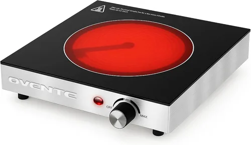 OVENTE Quemador Individual de Cerámica Infrarroja, Placa Caliente Eléctrica de Encimera de 1200W con Vidrio Cristalino Negro, Superficie de Cocción