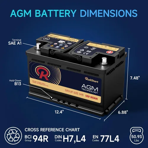 Miniatura 2 de Batería AGM BCI Group 94R Batería de Coche-12V 80AH H7 Tamaño 94R Batería Automotriz, 12V Start-Stop Baterías de Coche AGM, Ciclo Profundo, 800CCA