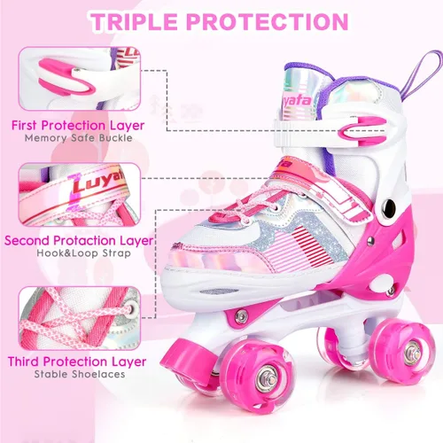 Miniatura 3 de Luyata Patines ajustables para niñas y niños, 4 tamaños de 6 a 12 y 3 a 5 años, patines para niños con 8 ruedas brillantes que se iluminan, 3 Rosa